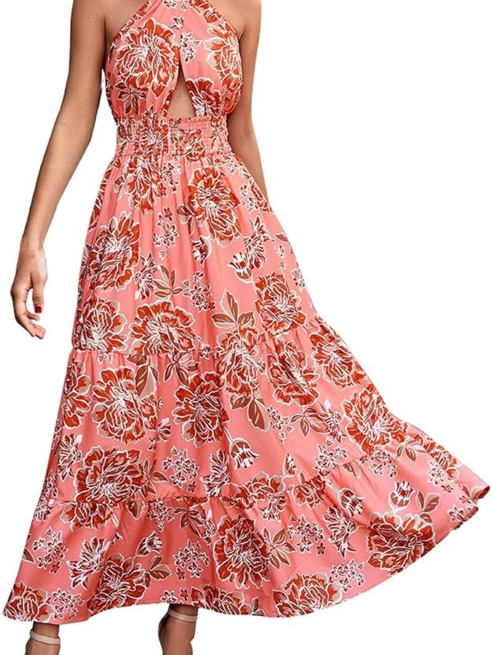 Smocked Halter Maxi Dress in Coral Pink Floral Size Medium